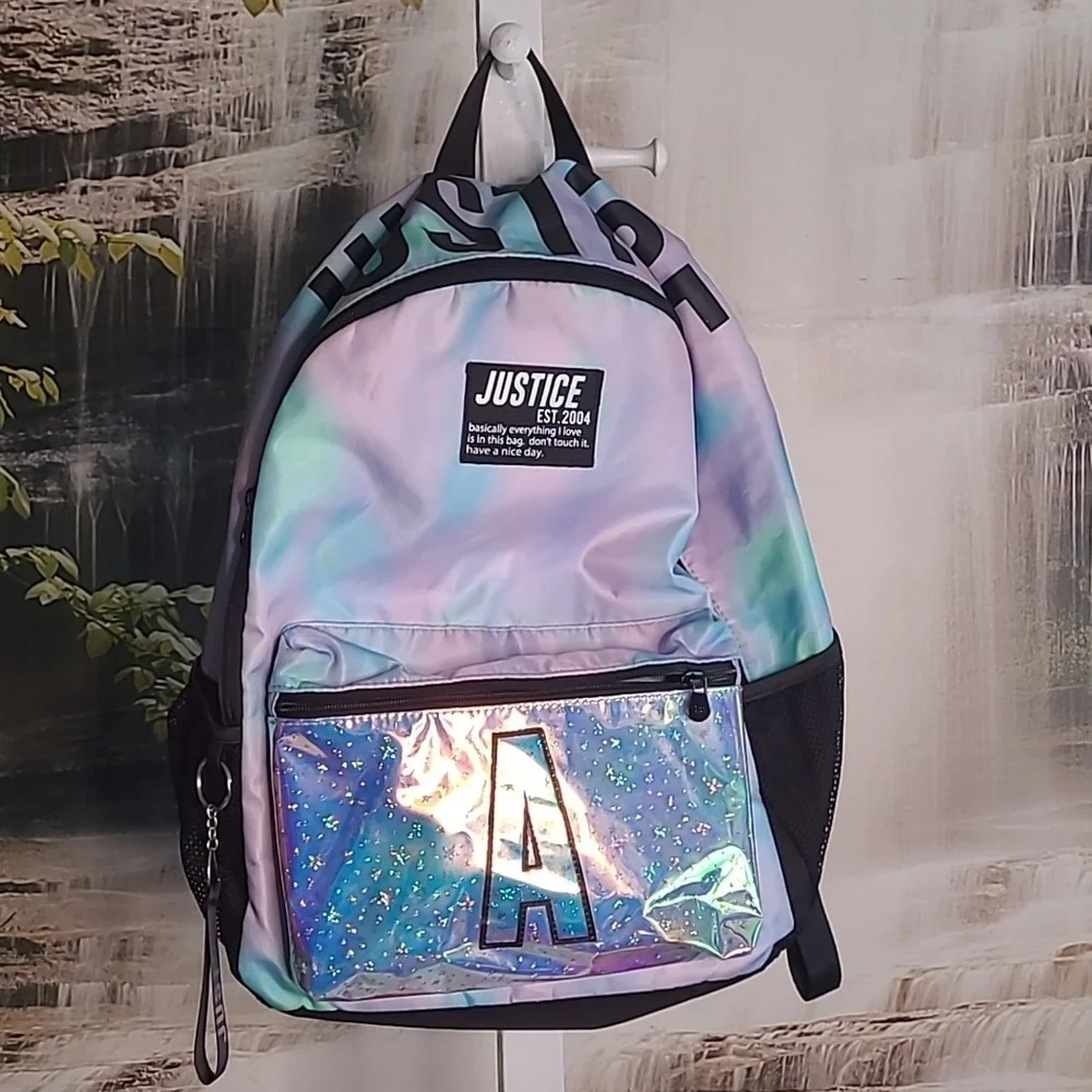 Justice shiny metallic purple pink pastel Backpack A initial